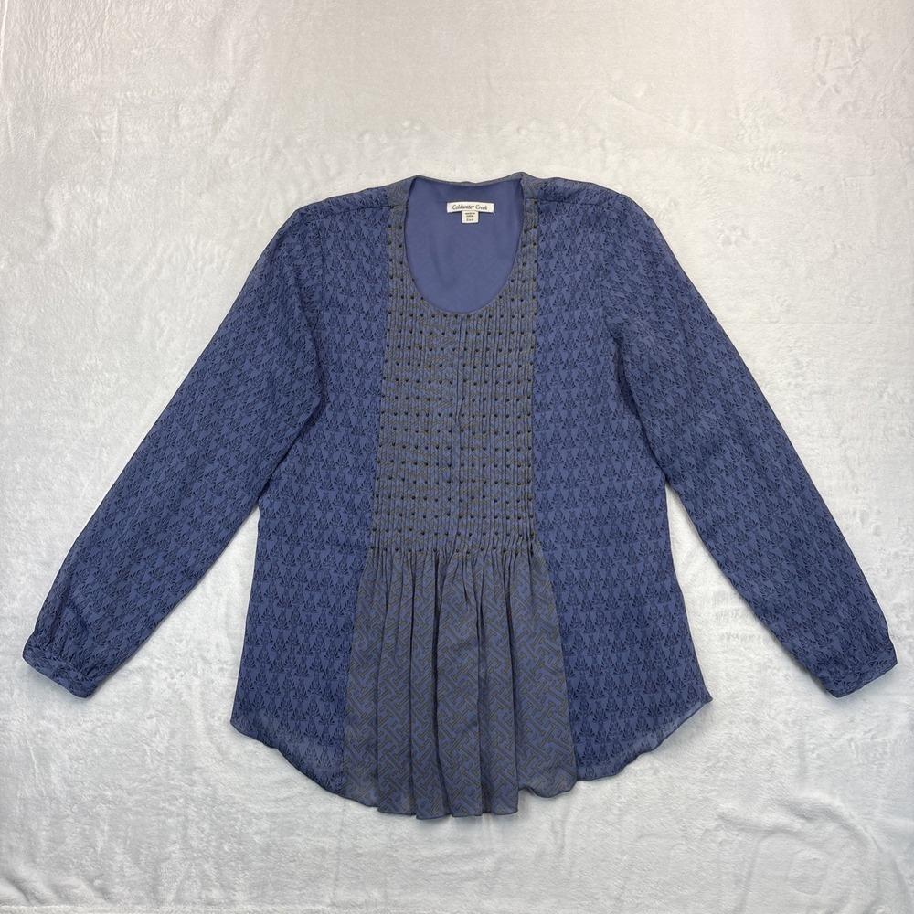 Coldwater Creek Blouse Womens Small 6-8 Blue Beaded Pintuck Chiffon Peasant Top